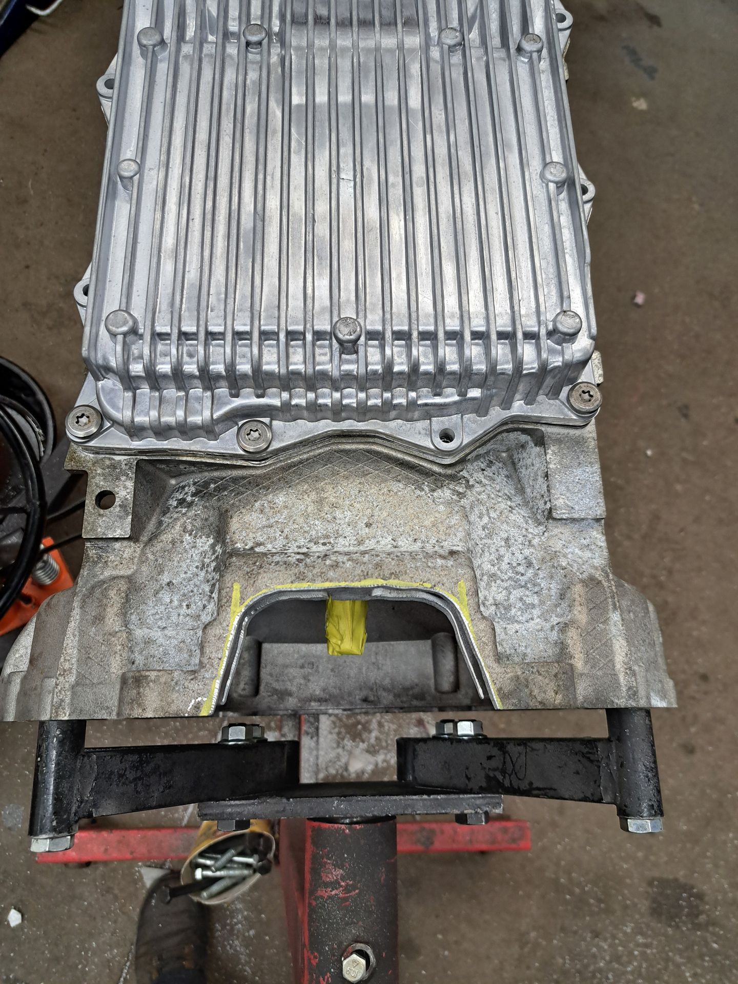 Marked lower bellhousing cut on the Dodge 8HP70 for the Honda F20 adapter